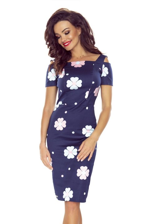 440-3 Elegancka sukienka z krótkim rękawkiem - GRANATOWA W KWIATY 440-3 Elegancka sukienka z krótkim rękawkiem - GRANATOWA W KWIATY