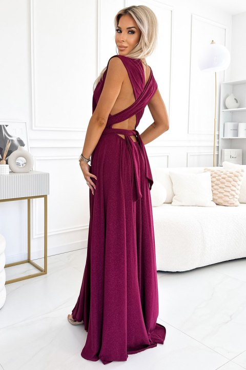 509-3 Elegancka długa suknia wiązana na wiele sposobów - BORDOWA z brokatem 509-3 Elegancka długa suknia wiązana na wiele sposobów - BORDOWA z brokatem