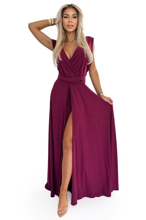 509-3 Elegancka długa suknia wiązana na wiele sposobów - BORDOWA z brokatem 509-3 Elegancka długa suknia wiązana na wiele sposobów - BORDOWA z brokatem