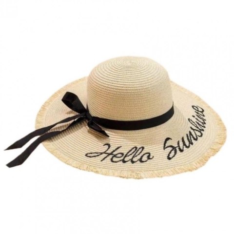Stylowy kapelusz damski plażowy słomkowy HELLO SUNSHINE kokarda CZ47 Stylowy kapelusz damski plażowy słomkowy HELLO SUNSHINE kokarda CZ47