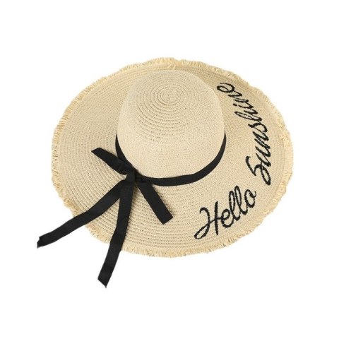 Stylowy kapelusz damski plażowy słomkowy HELLO SUNSHINE kokarda CZ47 Stylowy kapelusz damski plażowy słomkowy HELLO SUNSHINE kokarda CZ47