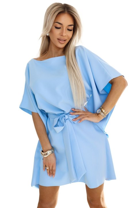 287-36 SOFIA Sukienka motyl z wiązaniem w pasie - pastelowy BŁĘKIT 287-36 SOFIA Sukienka motyl z wiązaniem w pasie - pastelowy BŁĘKIT