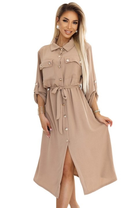531-3 Szmizjerka midi ze złotymi guzikami i wiązaniem - MOCHA MOUSSE 531-3 Szmizjerka midi ze złotymi guzikami i wiązaniem - MOCHA MOUSSE