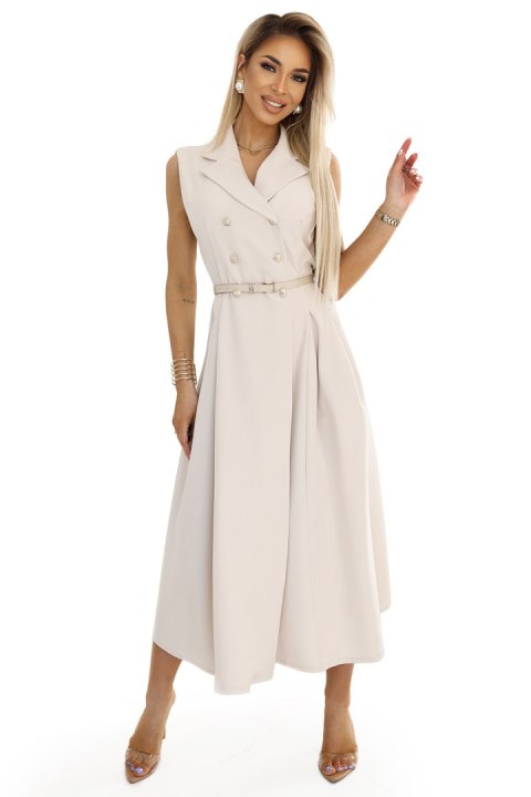 596-1 Elegancka szmizjerka midi ze złotymi guzikami i paskiem - BEŻOWA 596-1 Elegancka szmizjerka midi ze złotymi guzikami i paskiem - BEŻOWA