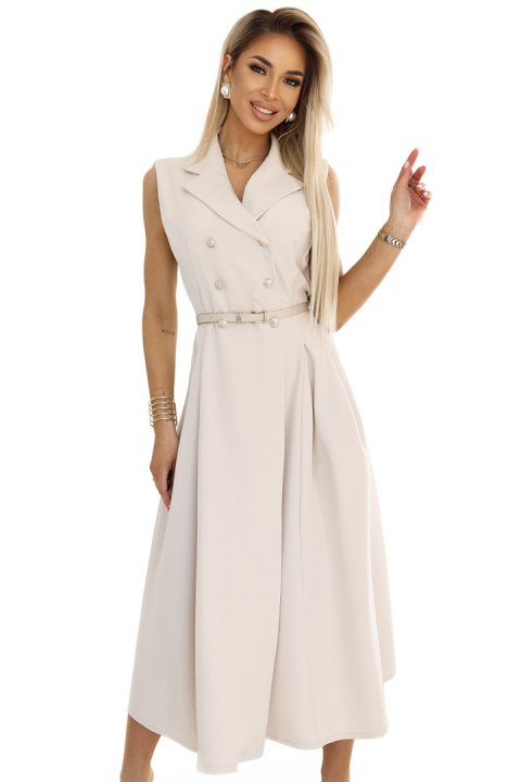 596-1 Elegancka szmizjerka midi ze złotymi guzikami i paskiem - BEŻOWA 596-1 Elegancka szmizjerka midi ze złotymi guzikami i paskiem - BEŻOWA