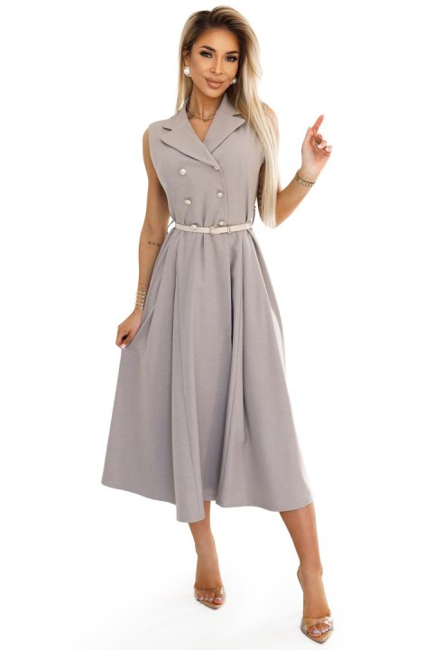 596-2 Elegancka szmizjerka midi ze złotymi guzikami i paskiem - SZARY BEŻ 596-2 Elegancka szmizjerka midi ze złotymi guzikami i paskiem - SZARY BEŻ