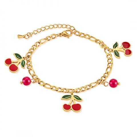 Bransoletka na rękę stal chirurgiczna pozłacana 14k złotem, WISIENKI czerwone BST1520 Bransoletka na rękę stal chirurgiczna pozłacana 14k złotem, WISIENKI czerwone BST1520