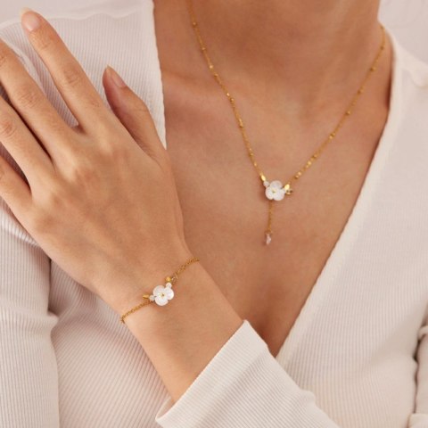 Bransoletka na rękę stal chirurgiczna pozłacana 14k złotem, biały kwiat, cyrkonia BST1516 Bransoletka na rękę stal chirurgiczna pozłacana 14k złotem, biały kwiat, cyrkonia BST1516