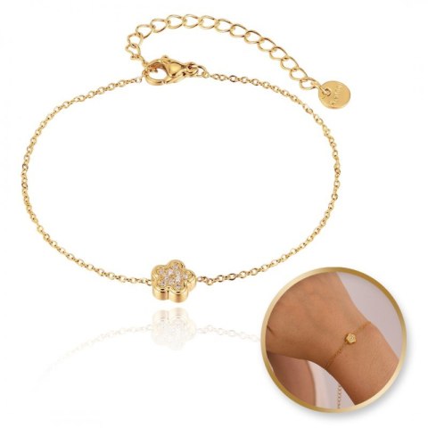 Bransoletka na rękę stal chirurgiczna pozłacana 14k złotem, kwiat, cyrkonia BST1518 Bransoletka na rękę stal chirurgiczna pozłacana 14k złotem, kwiat, cyrkonia BST1518